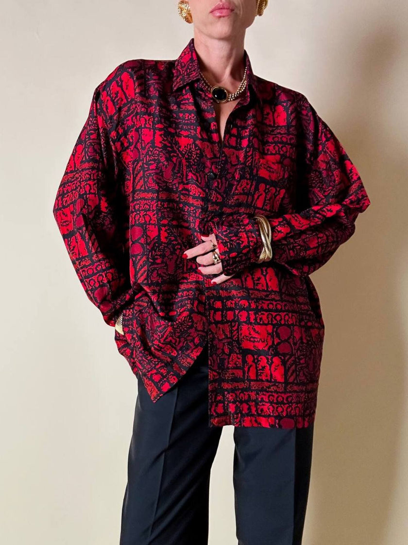 Camicia rossa e nera fantasia etnica in seta thai