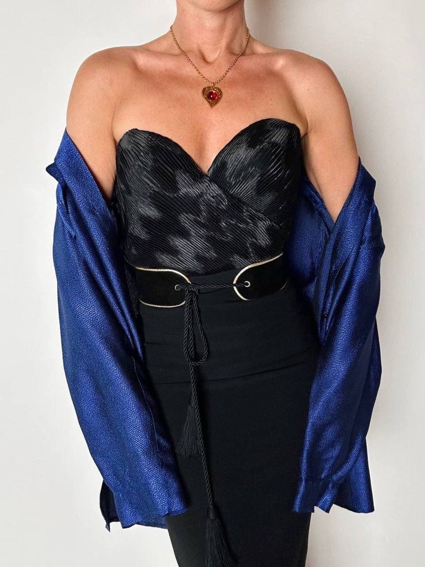 Bustier La Perla in raso micro plissé nero con scollo a cuore