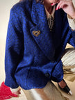 Blazer doppio petto in broccato blu Cina con bottoni gioiello