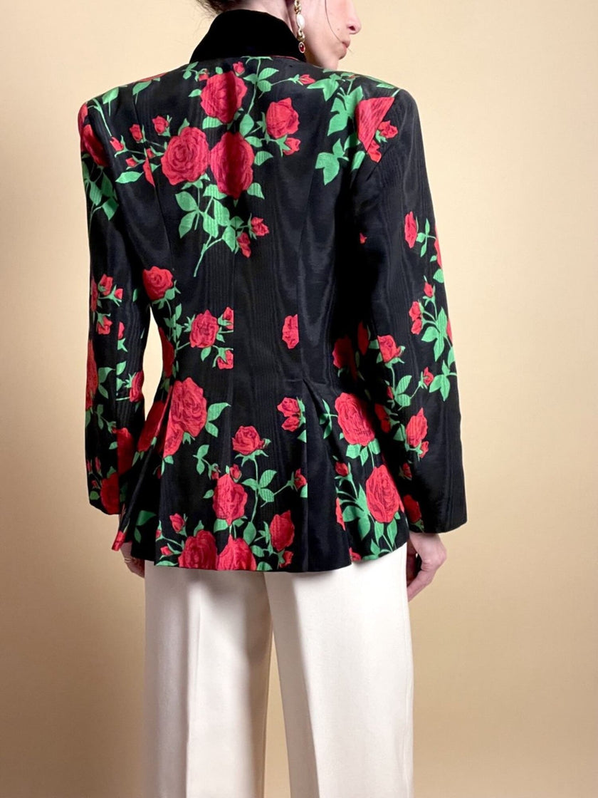 Blazer doppiopetto in tessuto moiré fantasia rose rosse
