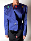 Vintage-Jacke von Yves Saint Laurent aus kobaltblauem Satin mit mehrfarbigen Schmuckknöpfen