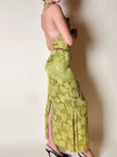 Abito vintage sartoriale con scollo all’americana in seta jacquard verde acido fantasia floreale
