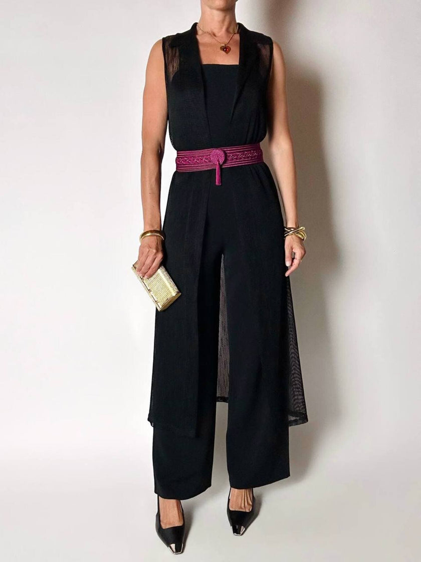 Gilet vintage lungo in rete nera con rever e spacchi laterali New Age