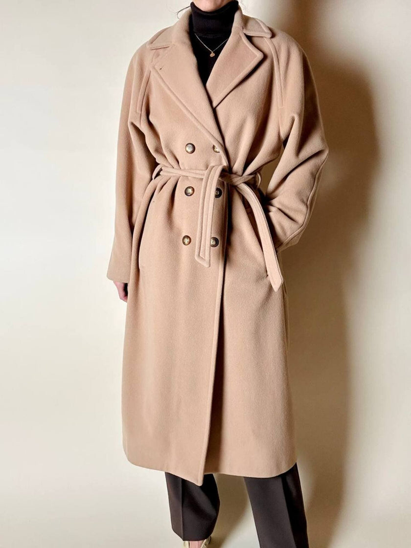 Cappotto vintage Kamaé modello vestaglia in lana e cachemire cammello chiaro