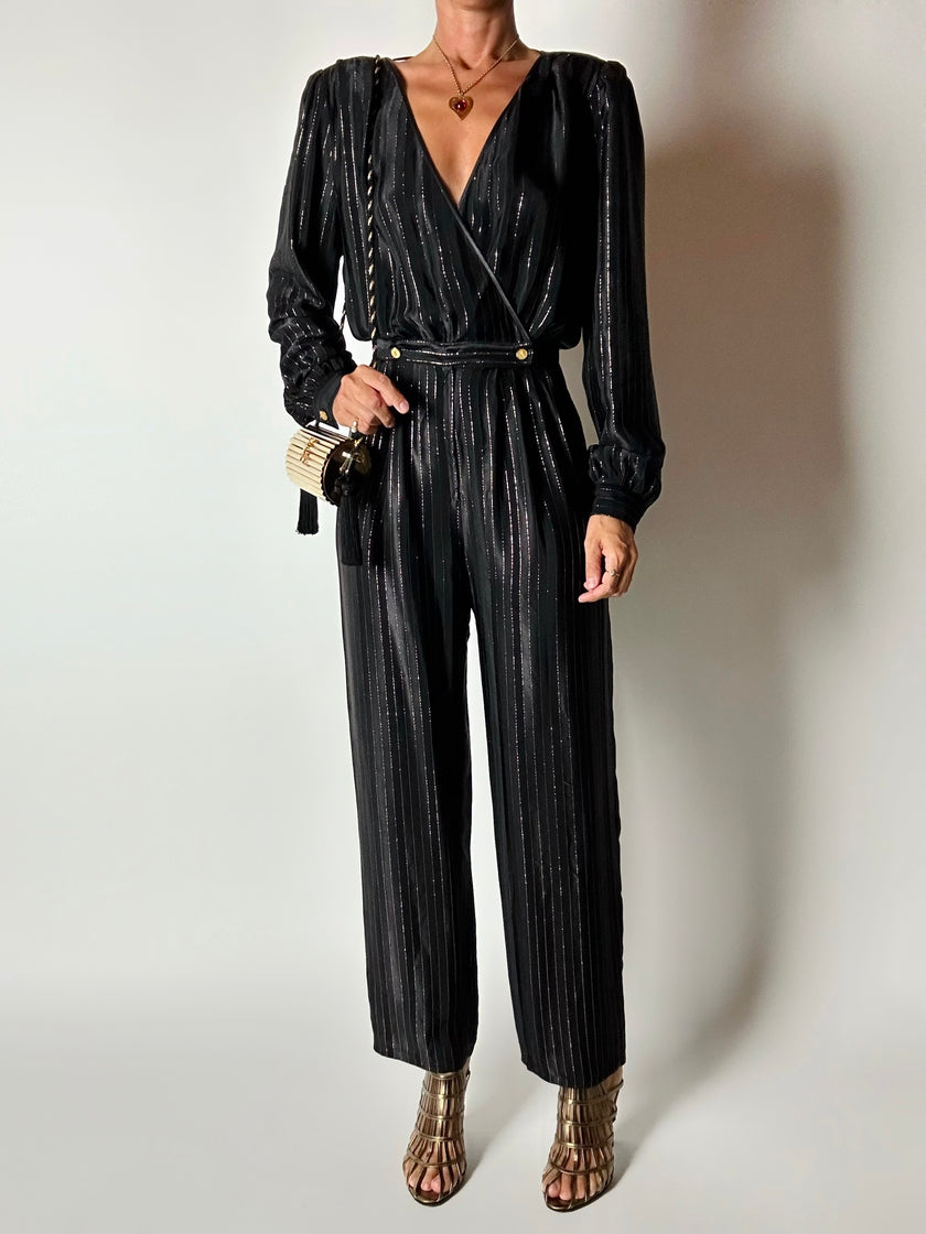 Jumpsuit vintage Yves Saint Laurent Rive Gauche nera con righe in lamé oro