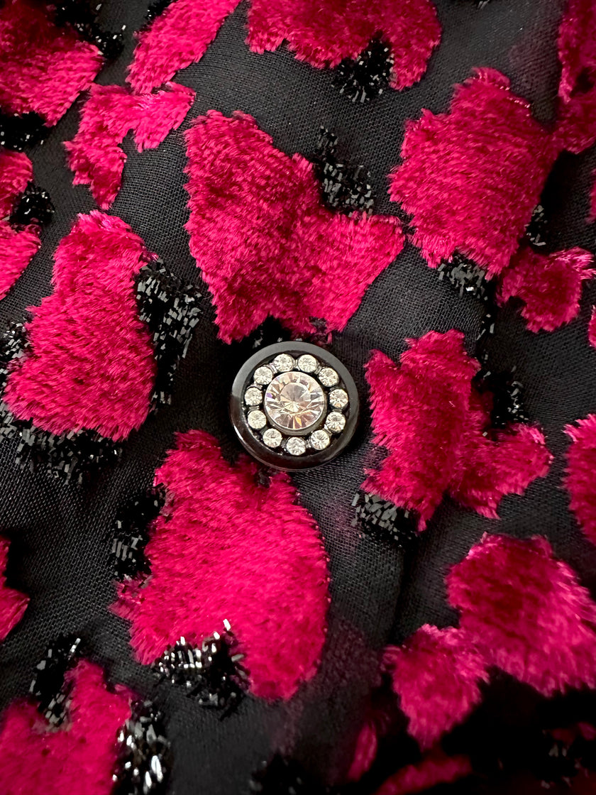 Camicia vintage in velluto dévoré amarena e lurex nero con motivo animalier