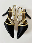 Sandali vintage Yves Saint Laurent in raso di seta nero e pelle laminata oro
