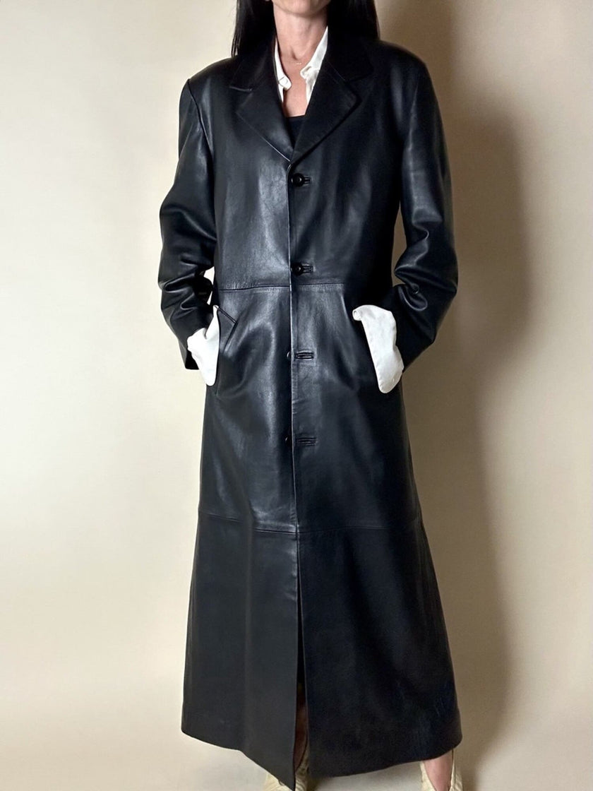 Maxi cappotto vintage in pelle nera Real Leather con fodera matelassé