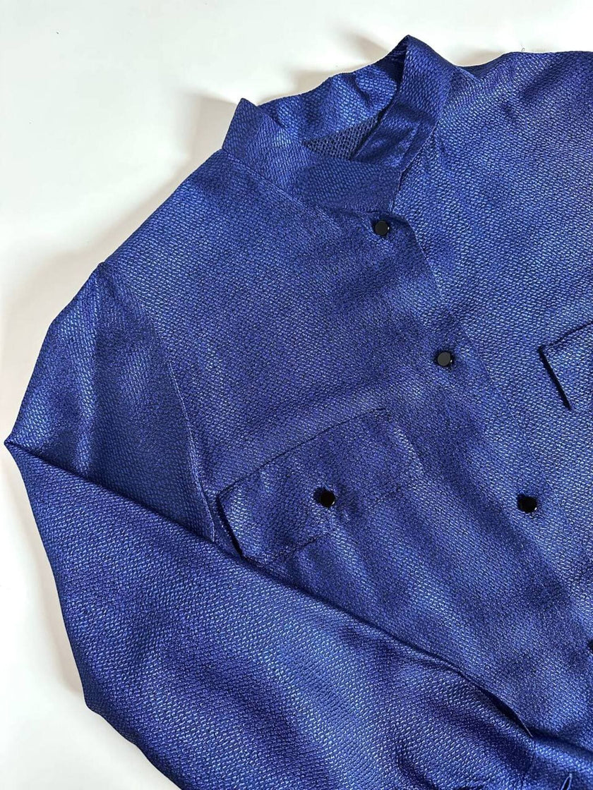 Giacca-camicia vintage in tessuto jacquard bluette