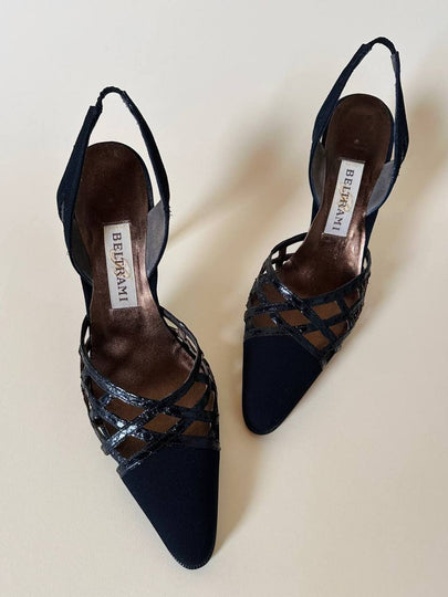 Slingback con dettaglio a rete in tessuto nero opaco e pitone “Beltrami”