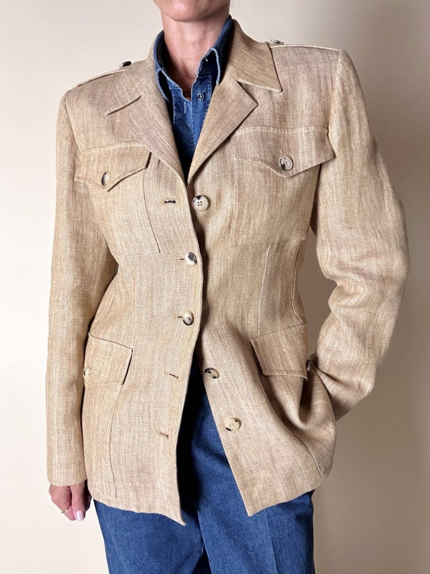 Giacca sahariana Yves Saint Laurent in lino mélange honey beige