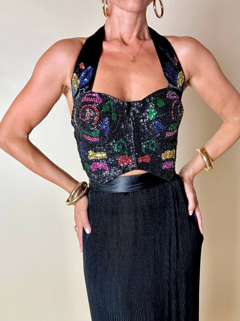 Schwarzes Satin-Bustier, bestickt mit schwarzen Pailletten mit mehrfarbigen Details