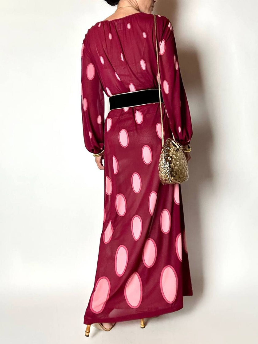 Maxi abito vintage Gottex in cpêpe amarena con maxi pois irregolari rosa