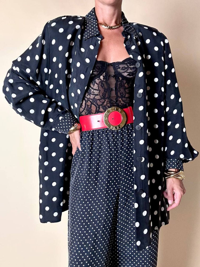 Cintura alta in pelle rossa con fibbia rotonda dorata “Celine”