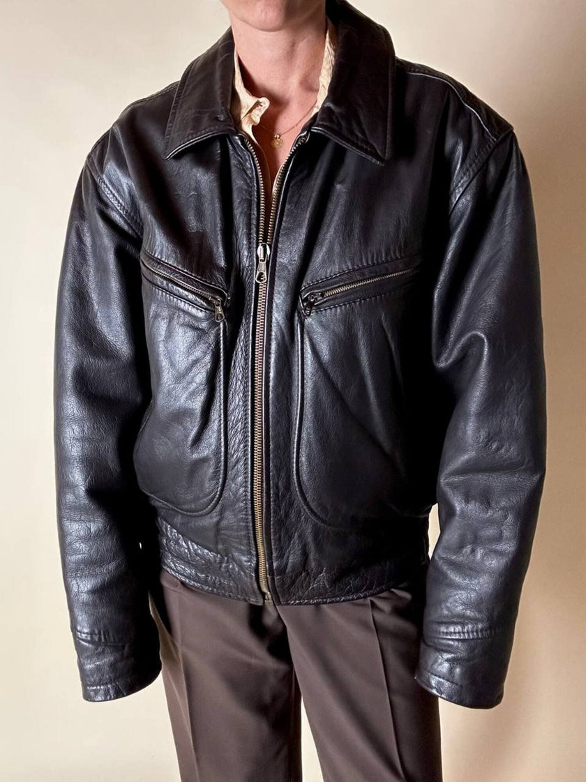 Bomber aviator in pelle testa di moro con fodera gialla matelassé