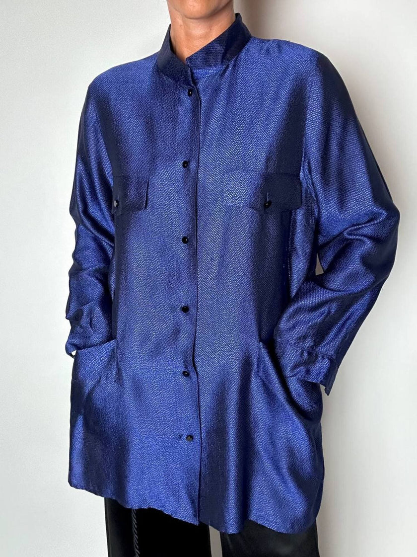 Giacca-camicia vintage in tessuto jacquard bluette