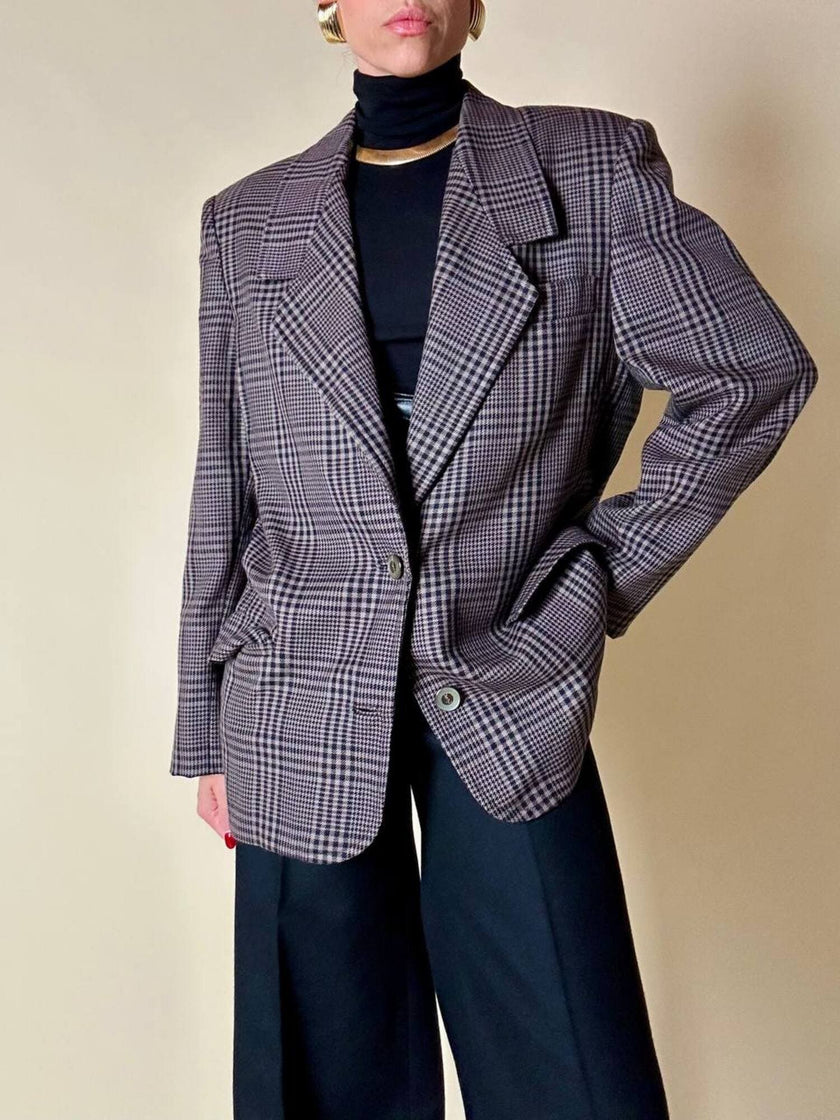 Blazer sartoriale in rasato di lana principe di Galles fango e nero