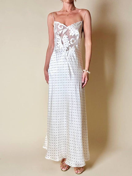 Slip dress in seta avorio a pois neri con corpetto lavorato “La Perla”