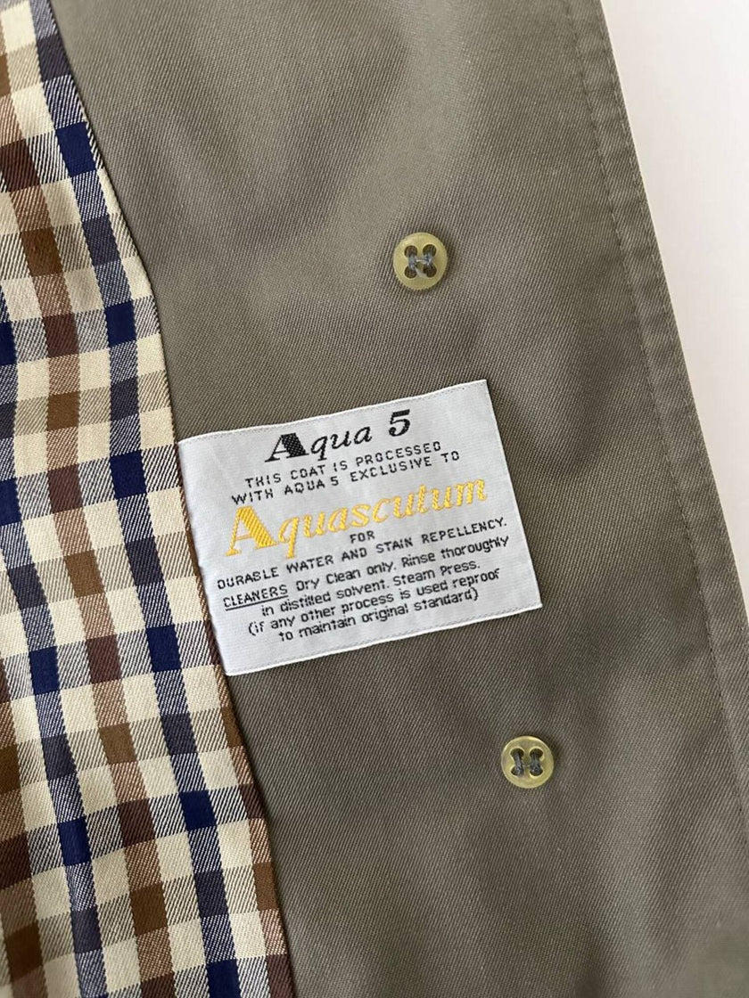 Vintage Aquascutum trench coat in khaki green gabardine with matching belt