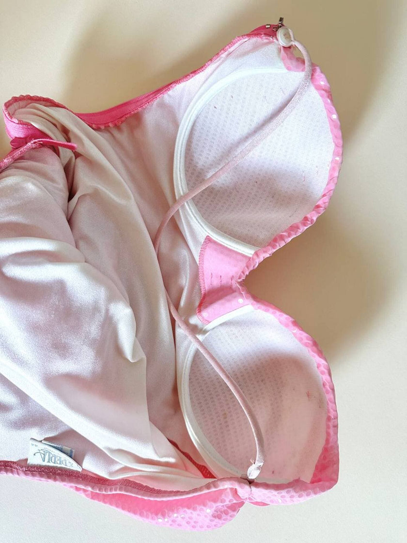 Mini dress rosa in tessuto stretch con micro paillettes trasparenti termo-adesive “La Perla”