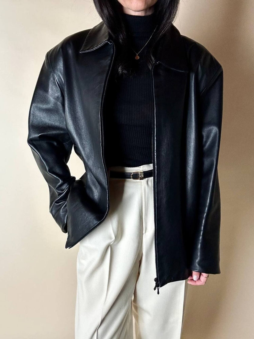 Giacca vintage in pelle nera con zip Michael Hoban North Beach Leather