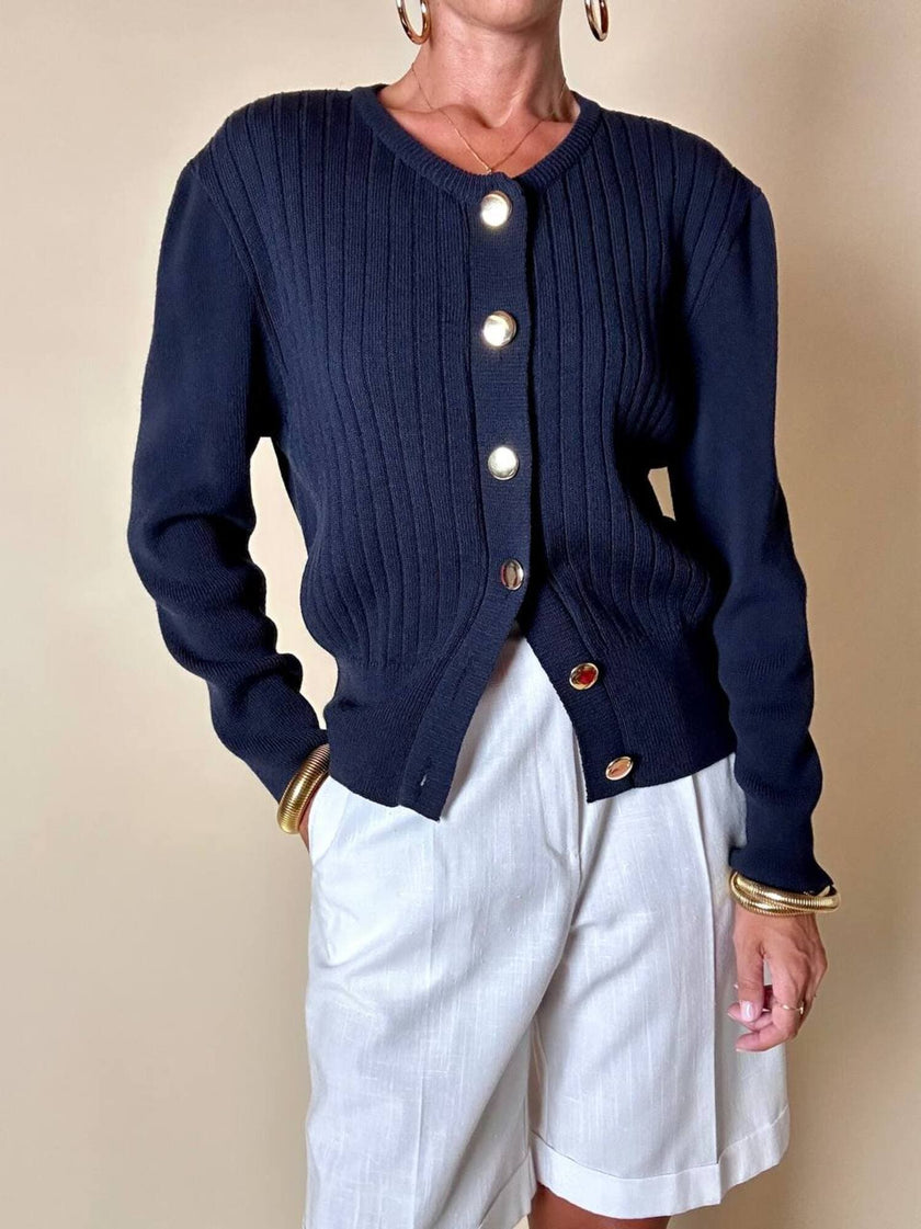 Cardigan Yves Saint Laurent blu navy con bottoni dorati a specchio