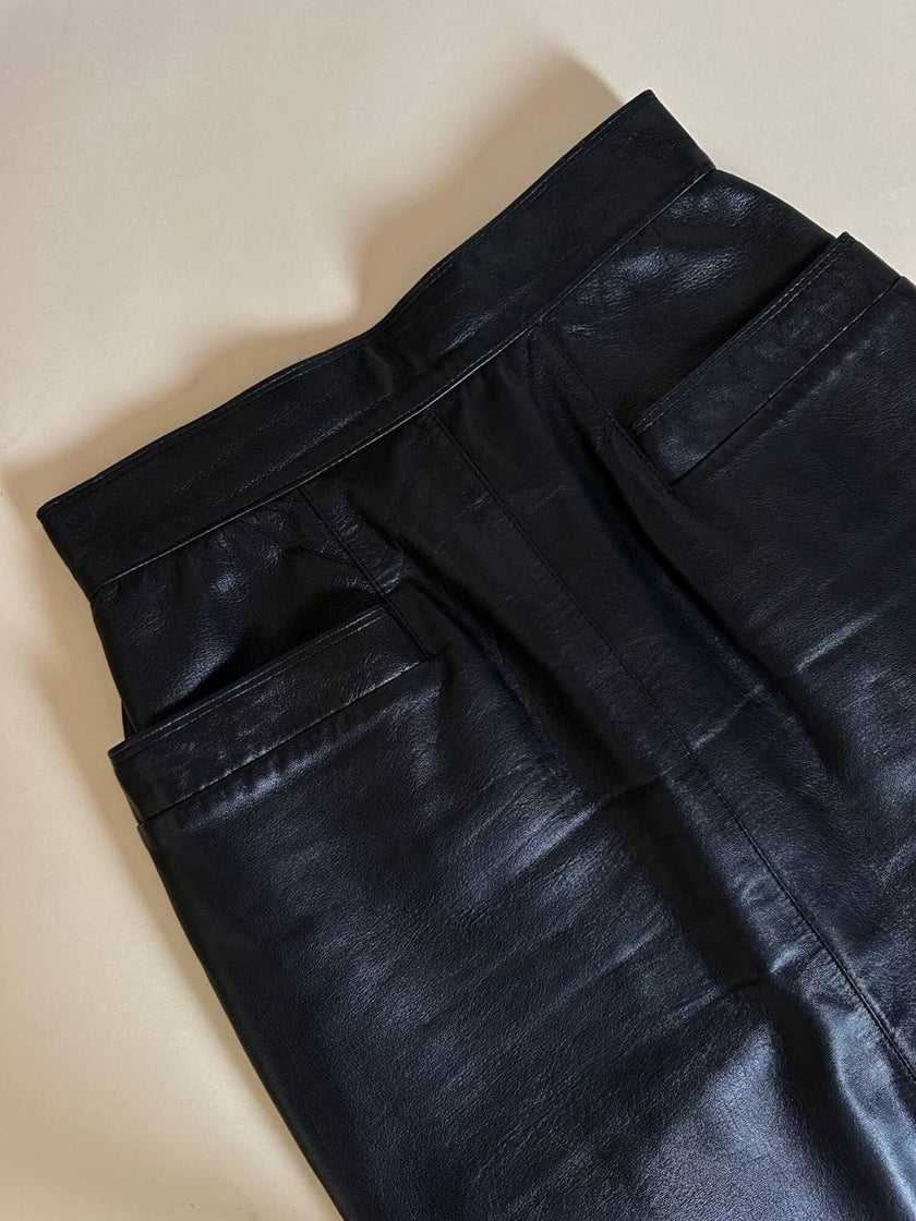 Vintage high-waisted black leather midi skirt