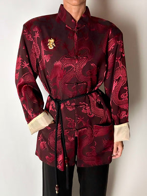 Giacca vintage in tessuto jacquard bordeaux con draghi cinesi e alamari
