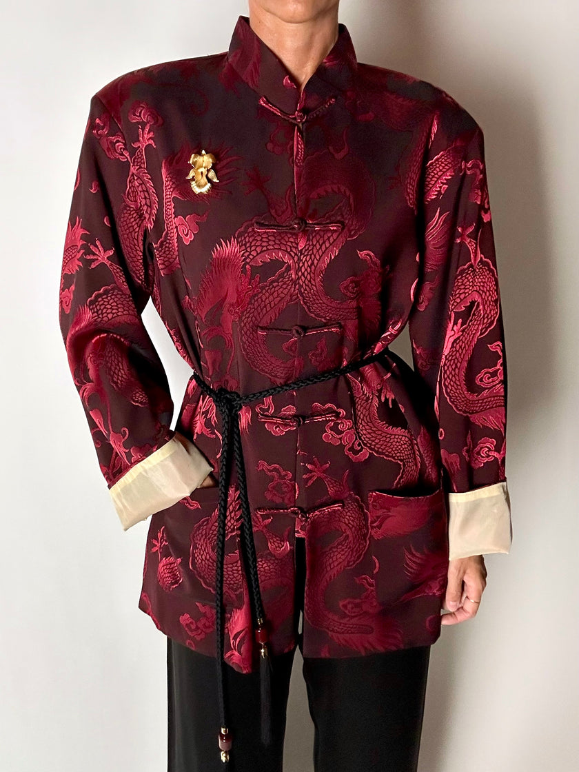 Giacca vintage in tessuto jacquard bordeaux con draghi cinesi e alamari