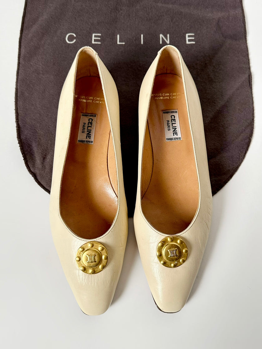 Ballerine vintage Celine Paris in pelle avorio con medaglioni dorati logati