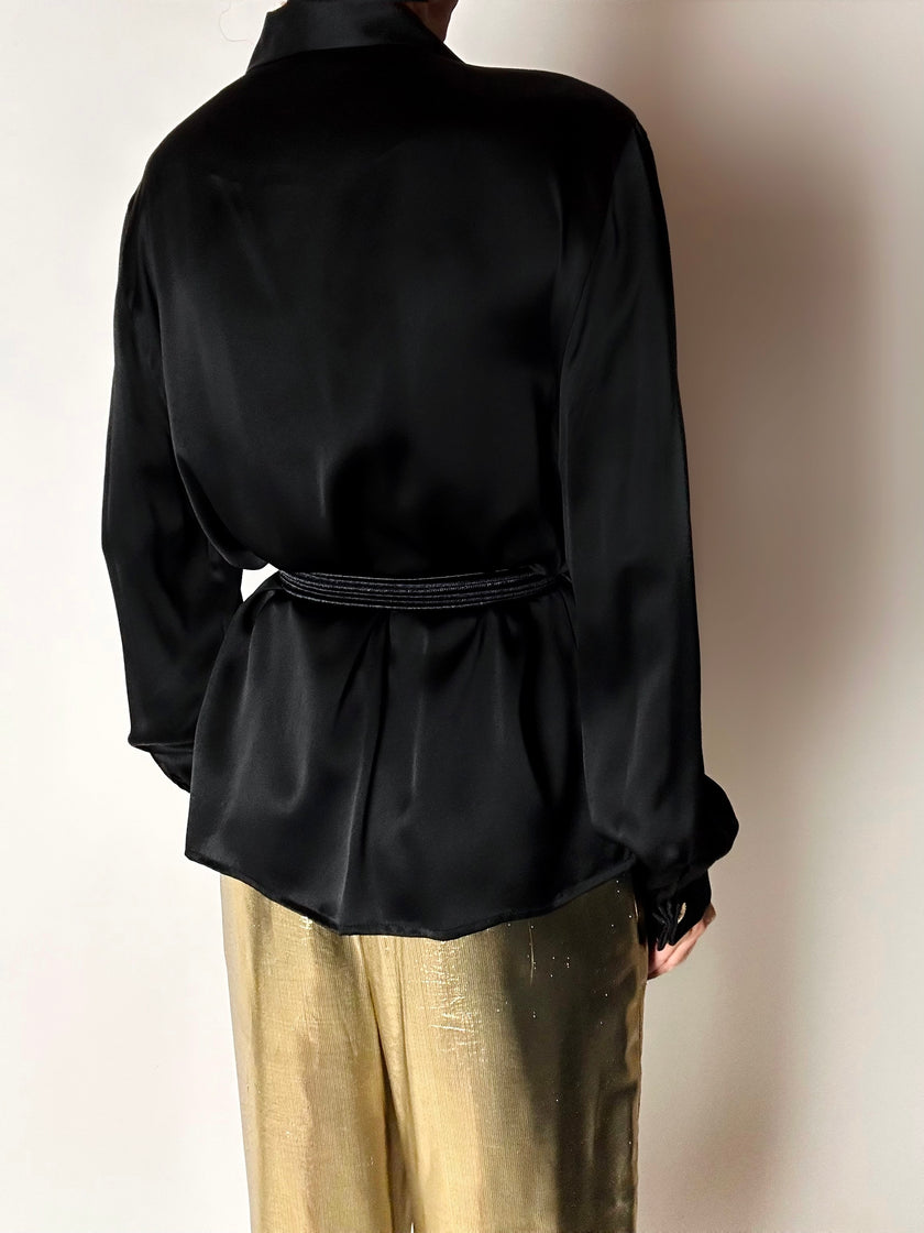 Camicia vintage Padovanelle in raso di seta nero con bottoni gioiello dorati