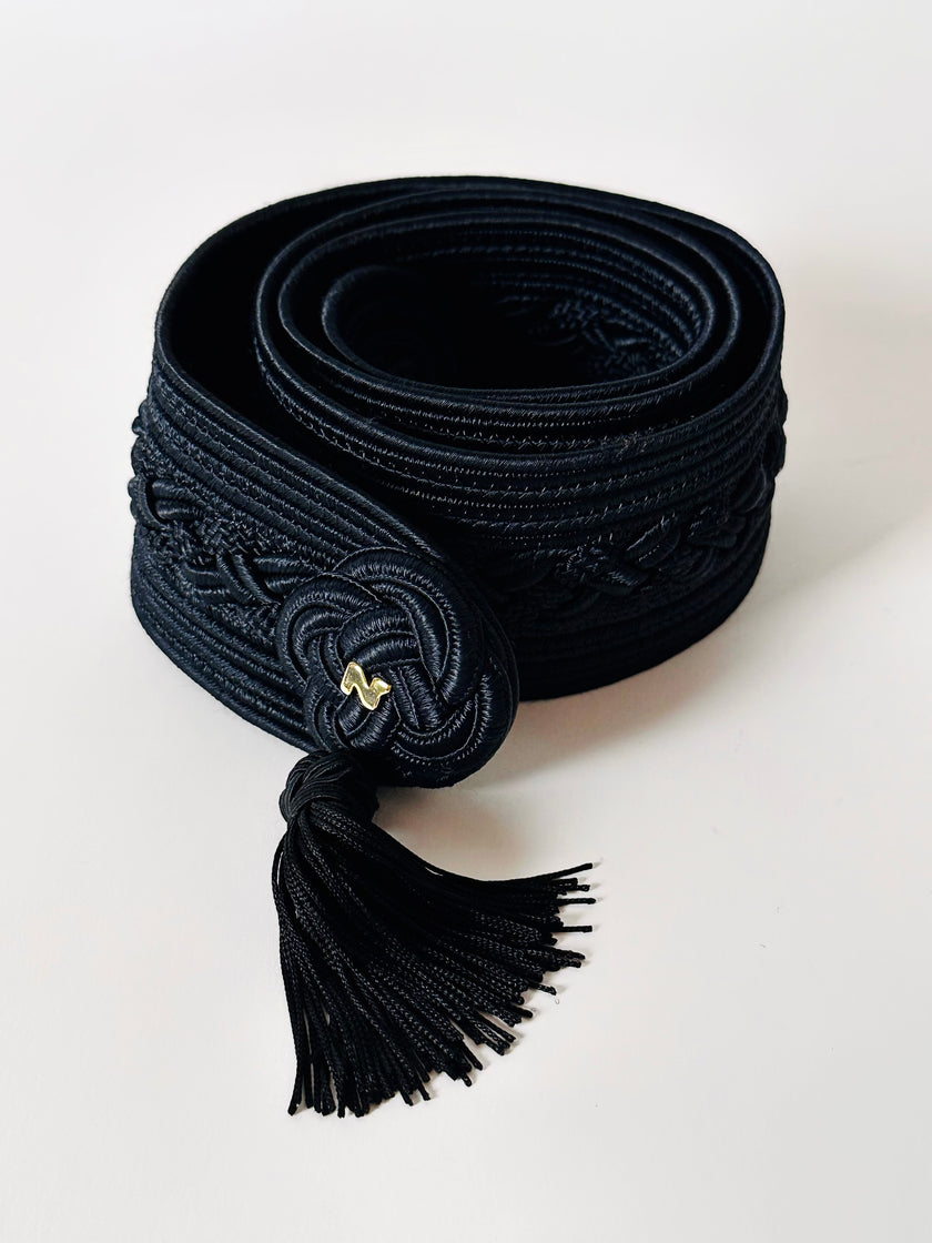 Cintura vintage Nina Ricci nera in passamaneria intrecciata con nappa couture
