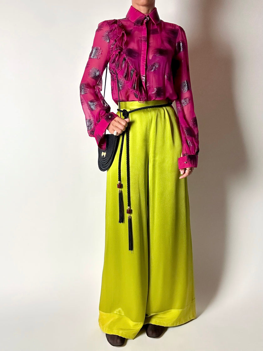 Pantalone vintage Guy Laroche Couture modello a palazzo in raso verde lime