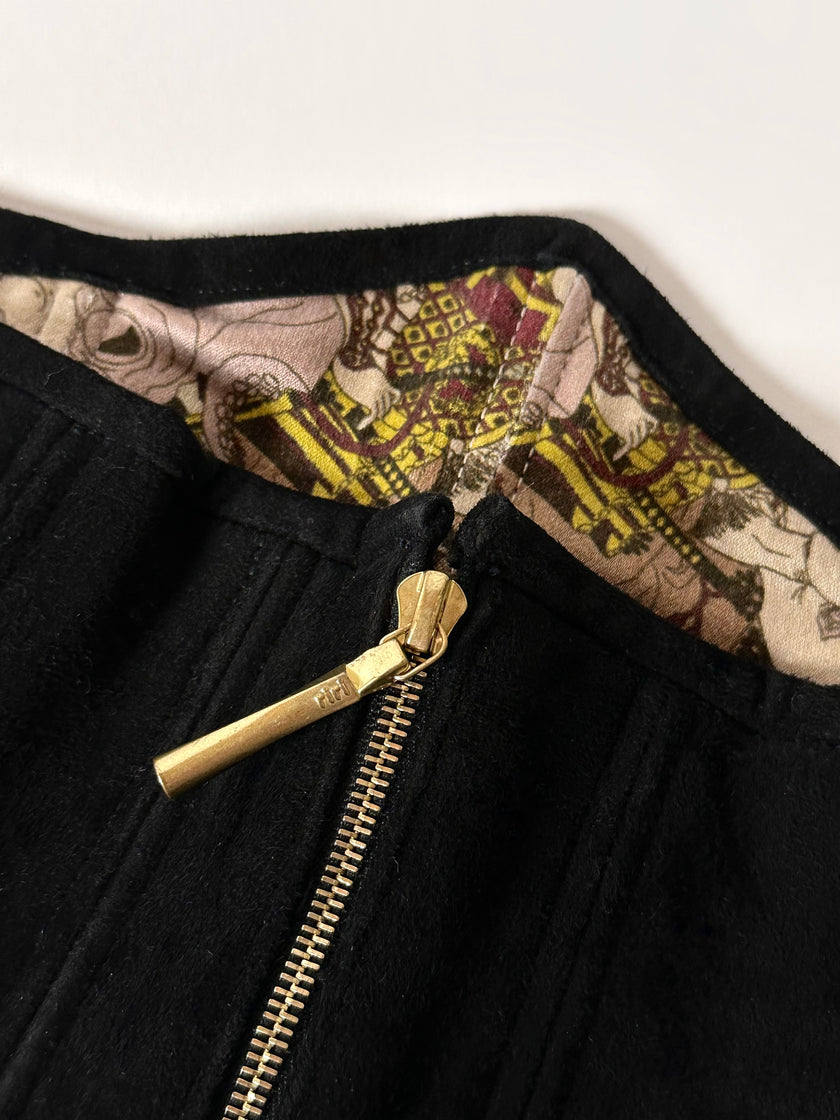 Stringivita vintage in camoscio nero con fodera in seta stampa erotica