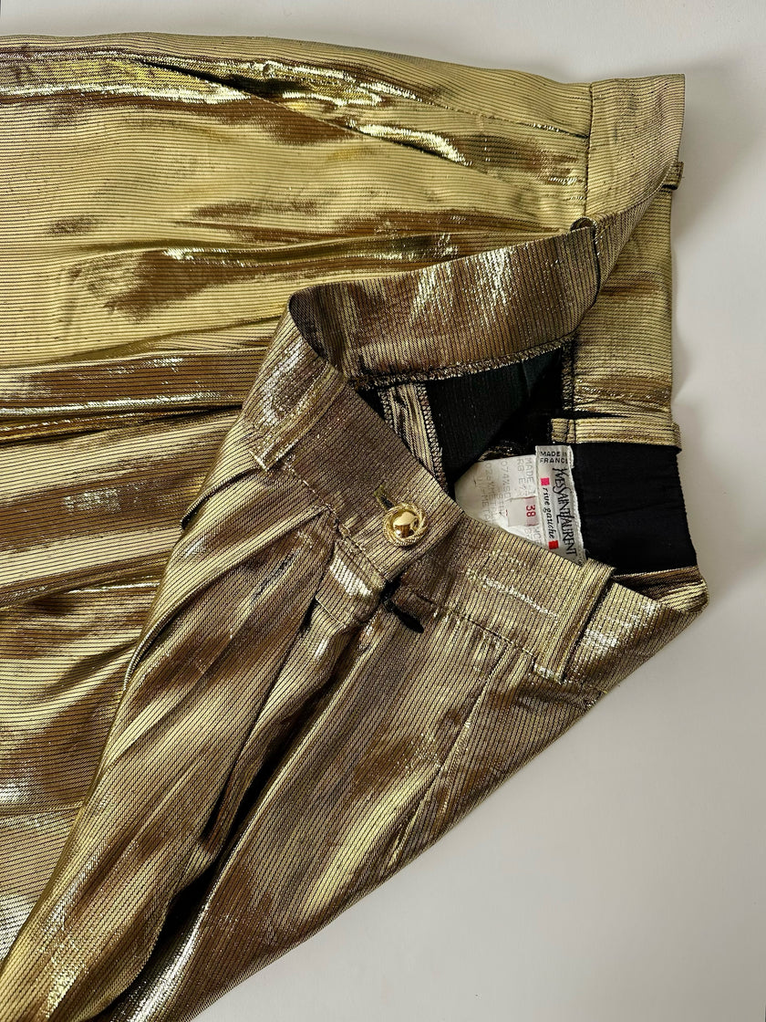 Pantalone vintage Yves Saint Laurent Rive Gauche a palazzo in seta lamé oro