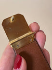 Vintage Yves Saint Laurent tan leather belt with an octagonal enamel buckle and YSL logo