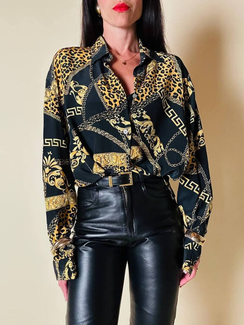 Camicia in seta opaca nera fantasia barocca