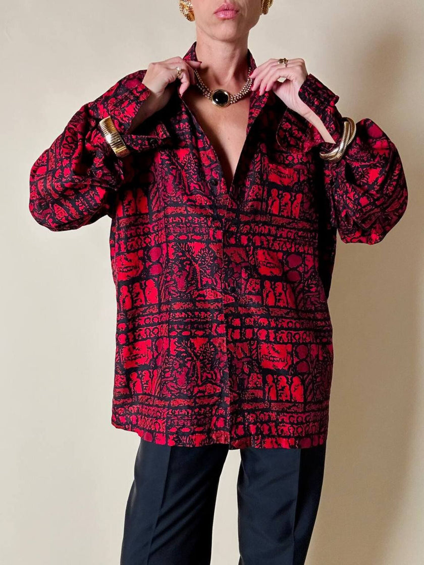 Camicia rossa e nera fantasia etnica in seta thai