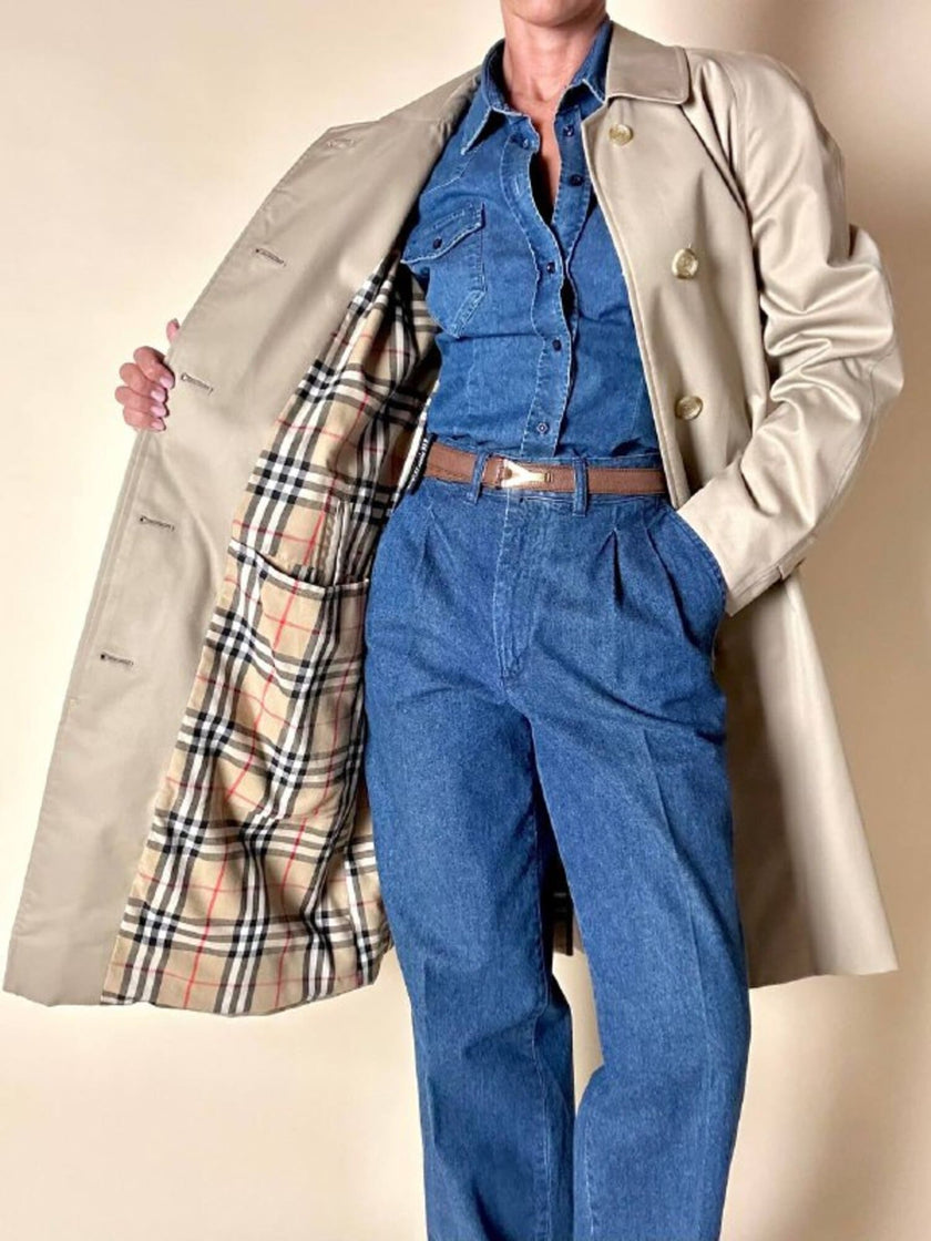 Vintage Burberry’s beige quill gabardine trench coat with matching belt and Check lining