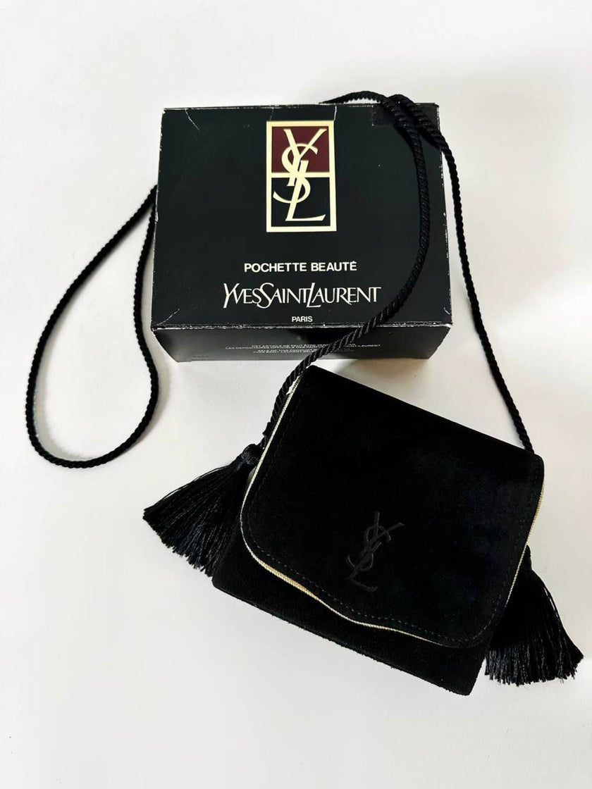 Pochette Beauté vintage Yves Saint Laurent in camoscio nero con nappine e specchio