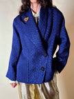 Blazer doppio petto in broccato blu Cina con bottoni gioiello