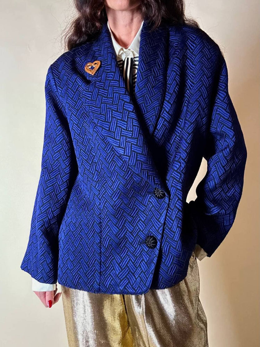 Blazer doppio petto in broccato blu Cina con bottoni gioiello