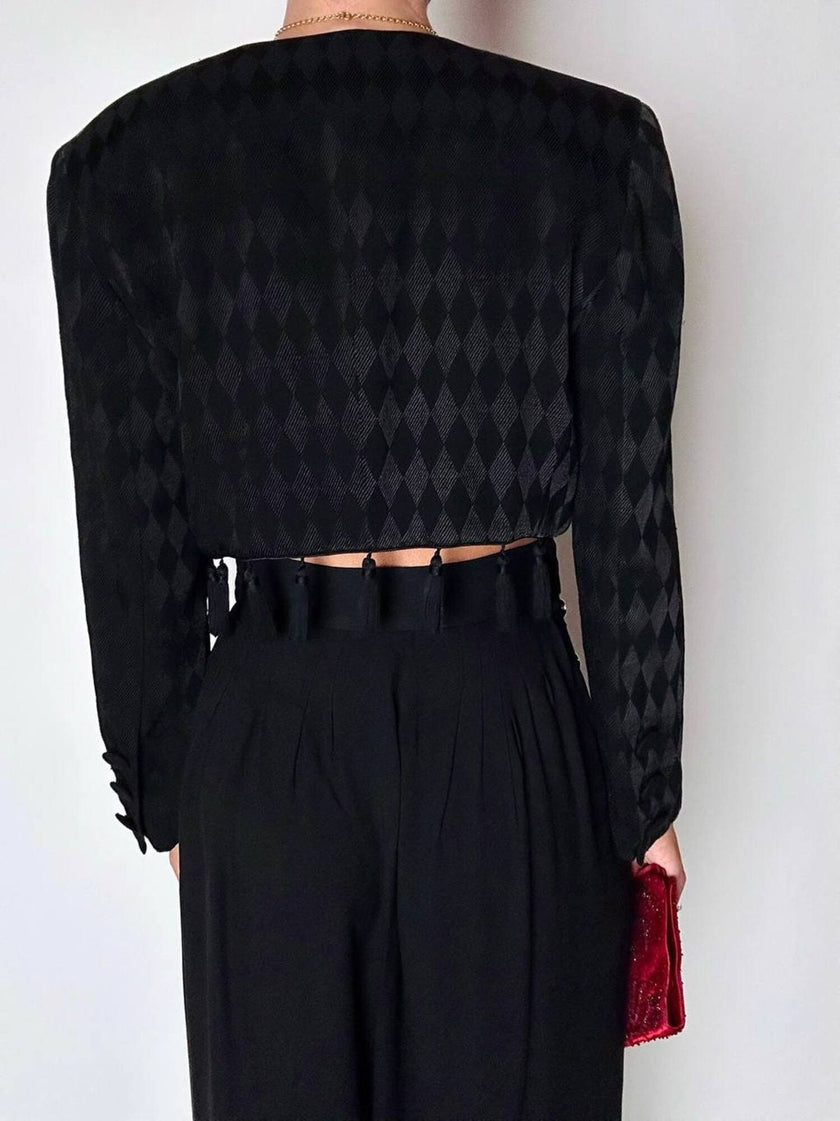 Spencer vintage Louis Féraud in tessuto jacquard nero operato a losanghe e nappine