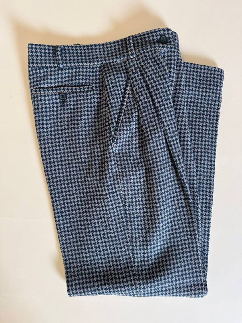 Pantalone a vita alta in lana pied de poule grigio e ottanio Basile