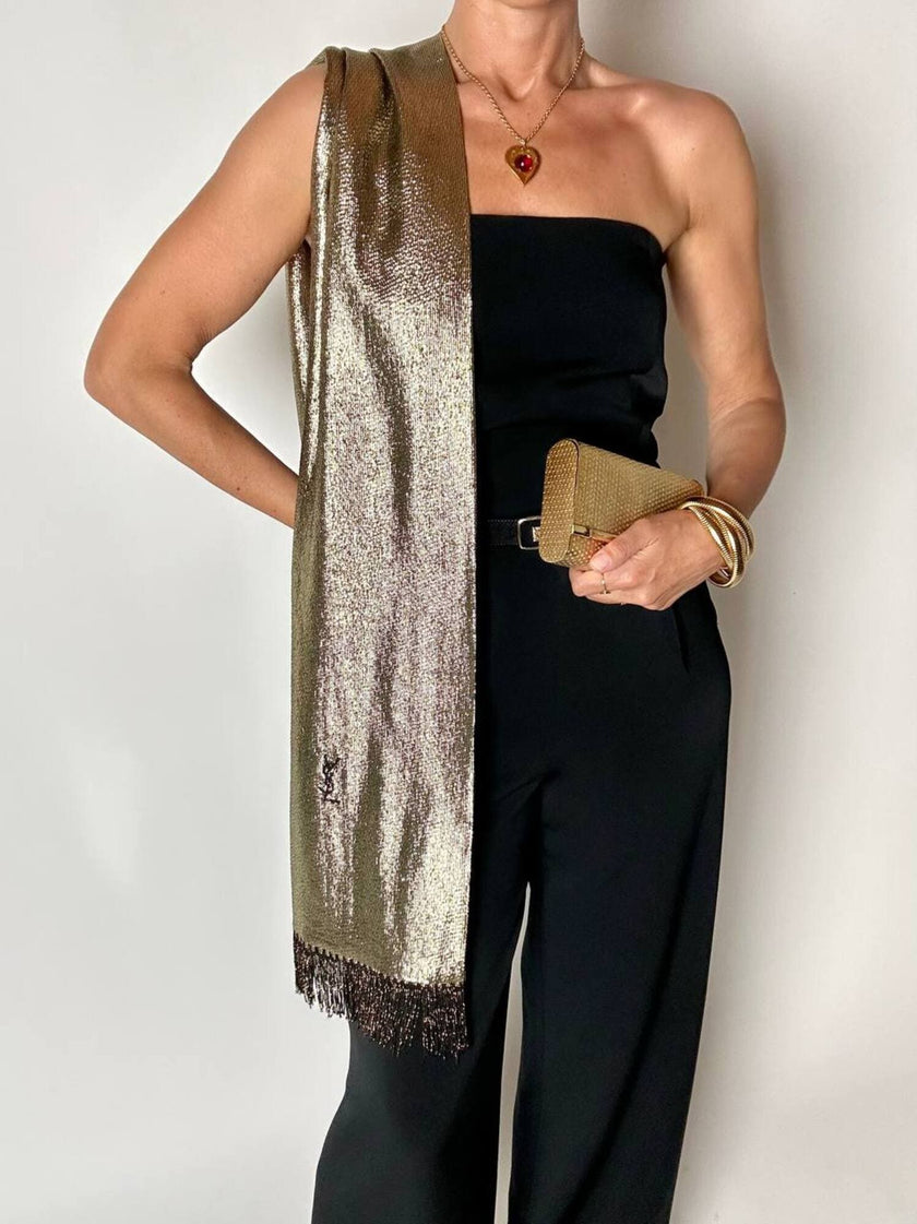 Sciarpa vintage Yves Saint Laurent in lamé di seta oro con frange e logo YSL ricamato