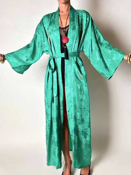 Vestaglia kimono in rayon jacquard verde con ricami multicolor
