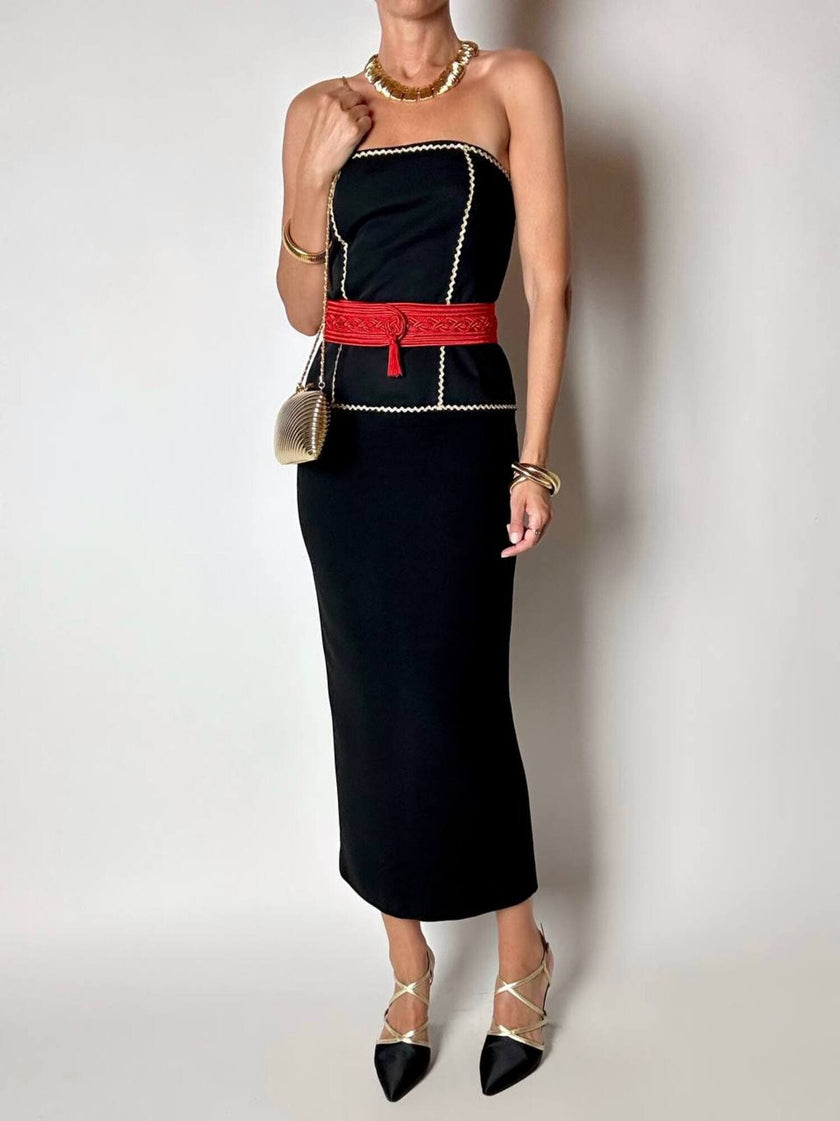Bustier vintage Yves Saint Laurent en tissu noir agrémenté d'un galon serpentin en lamé doré