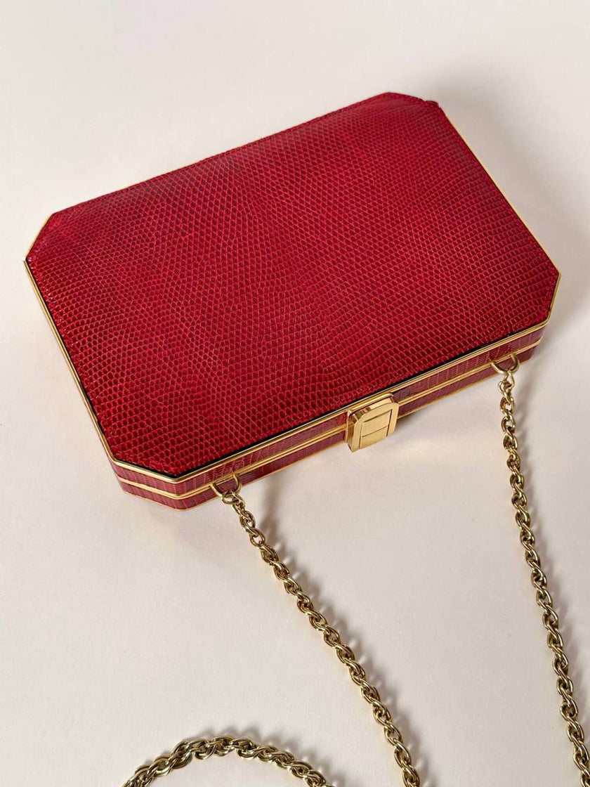 Borsa vintage Sgargi forma ottagonale in lizard rossa con tracolla in catena