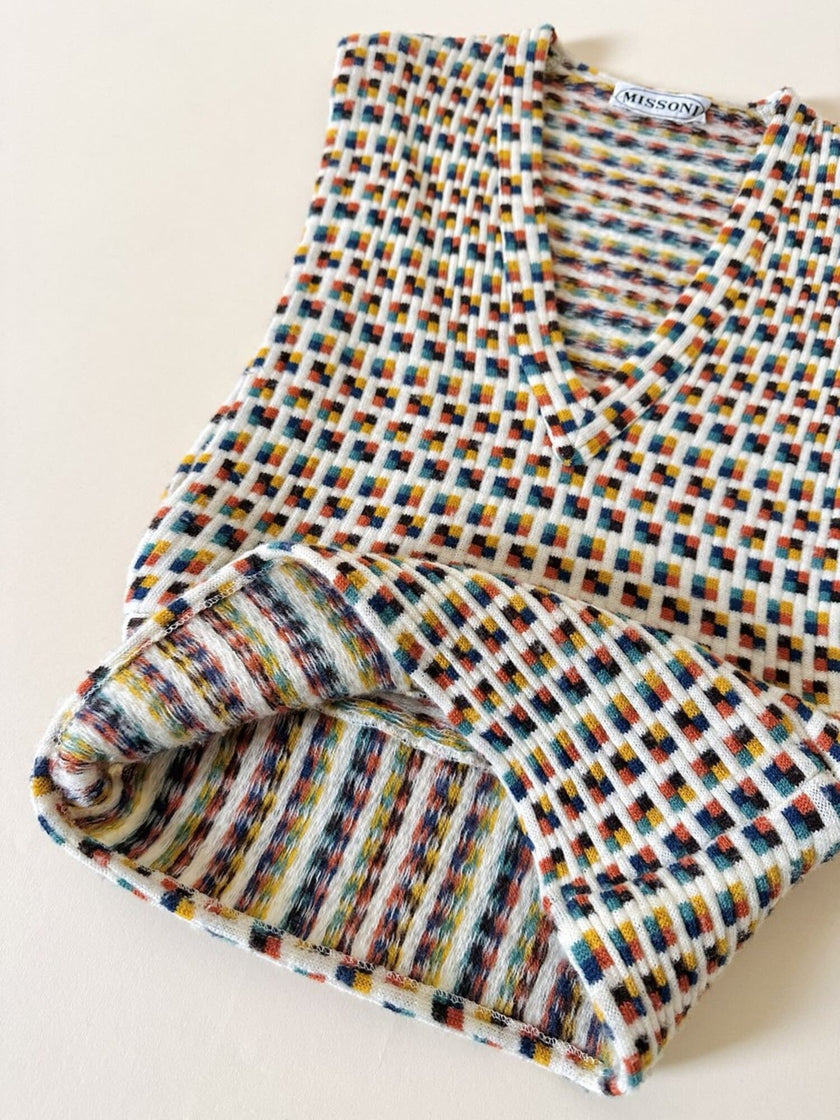 Vintage Missoni-Weste aus strukturierter Wolle in Cremeweiß mit buntem Muster