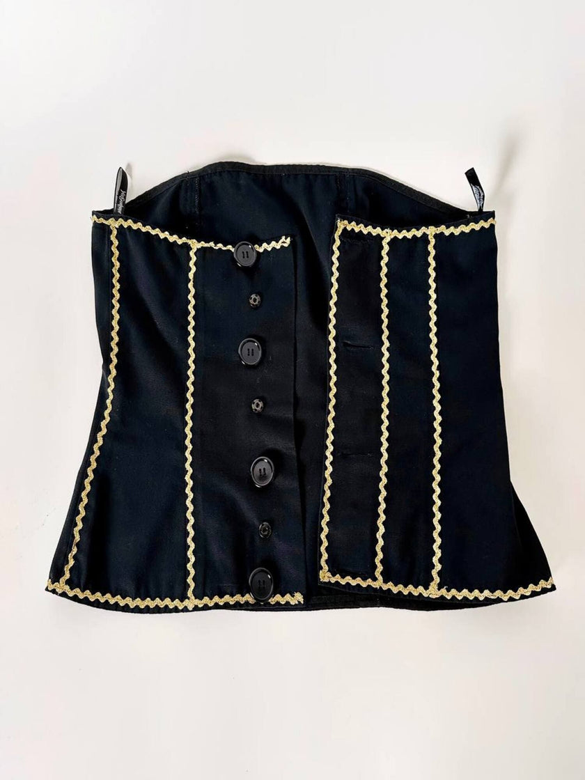 Bustier vintage Yves Saint Laurent en tissu noir agrémenté d'un galon serpentin en lamé doré